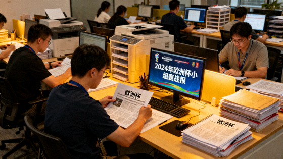 体育新闻编辑室中整理赛事报道的工作场景